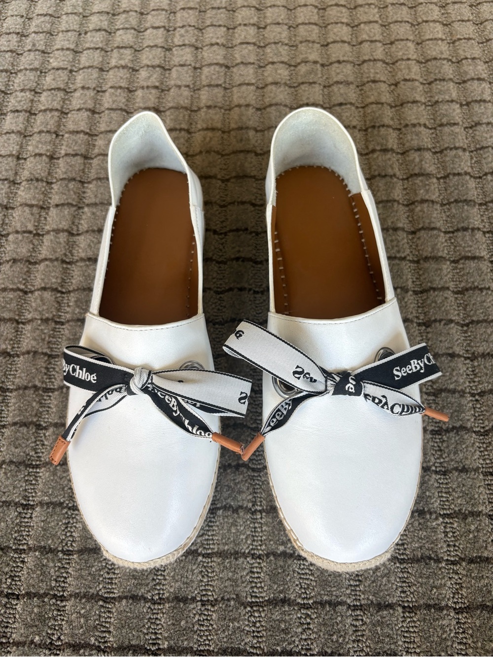 See By Chloé White Leather Espadrille Flats with Black Branded Ribbon